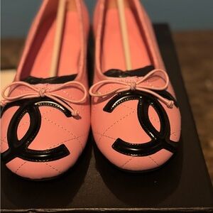 CHANEL Pink Quilted Flats with Black Logo